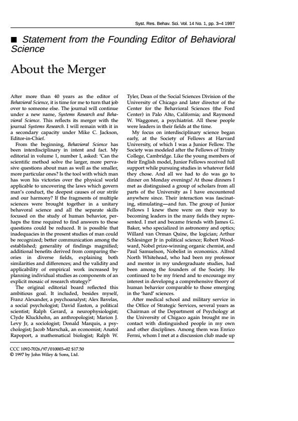 Statement from the Founding Editor of Behavioral Science:  About the Merger