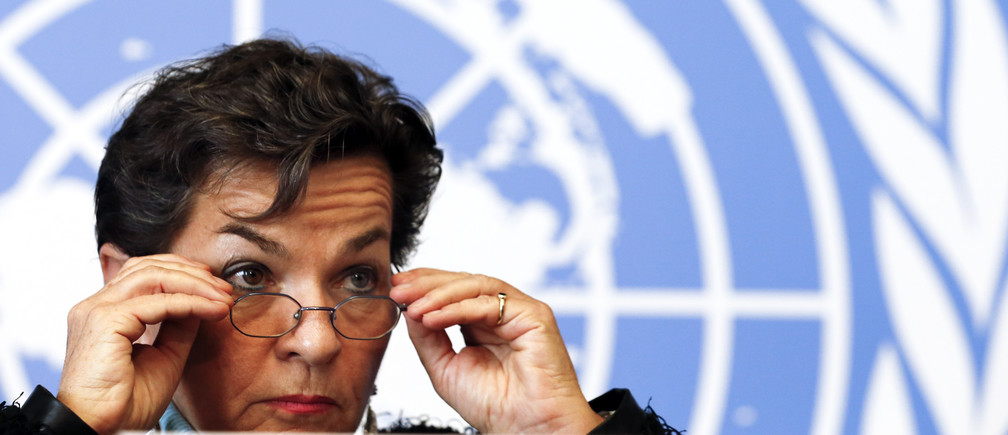 Christiana Figueres, Executive Secretary of the United Nations Framework Convention on Climate Change (UNFCCC), gestures during a news conference after a week long preparatory meeting at the U.N. in Geneva February 13, 2015. The United Nations Climate Change Conference, COP21 or CMP11, will be held in Paris November 30 to December 11, 2015.