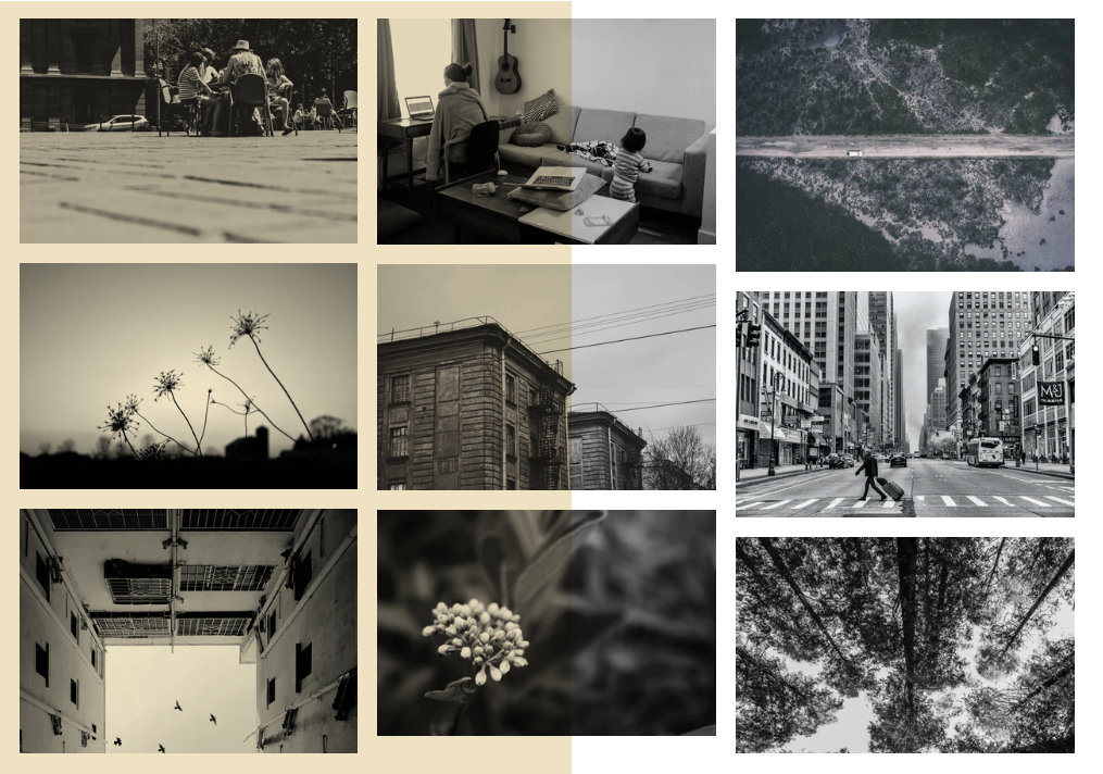 A tiled collage of 9 black and white images showing every-day life from different angles and perspectives.